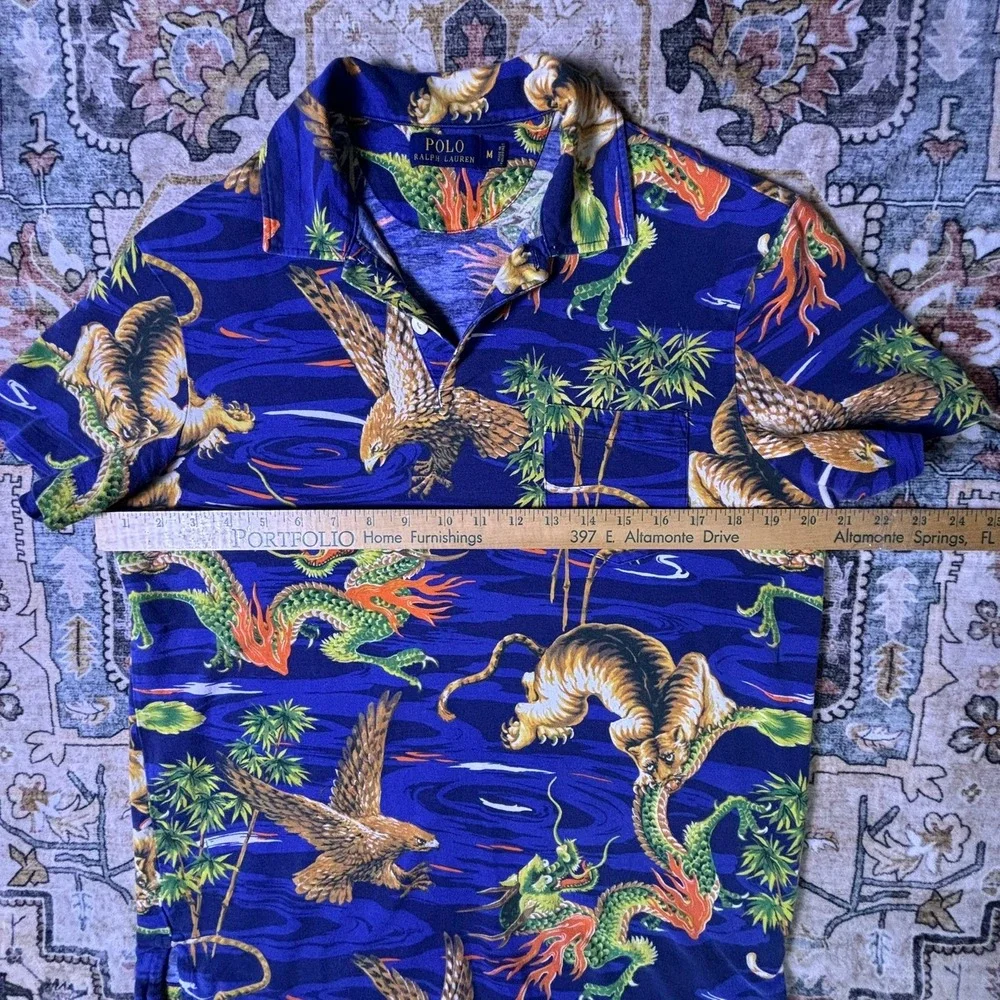 Polo Ralph Lauren Mens Blue Tiger Dragon Eagle Japanese Print Shirt Medium 2014